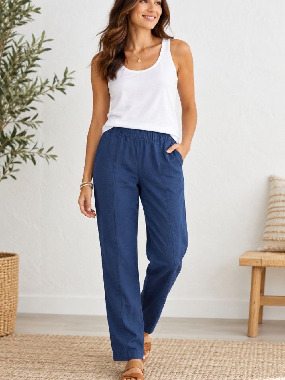 J. Jill Blue Pull On Pants Size S Linen Blend Coastal Minimalist